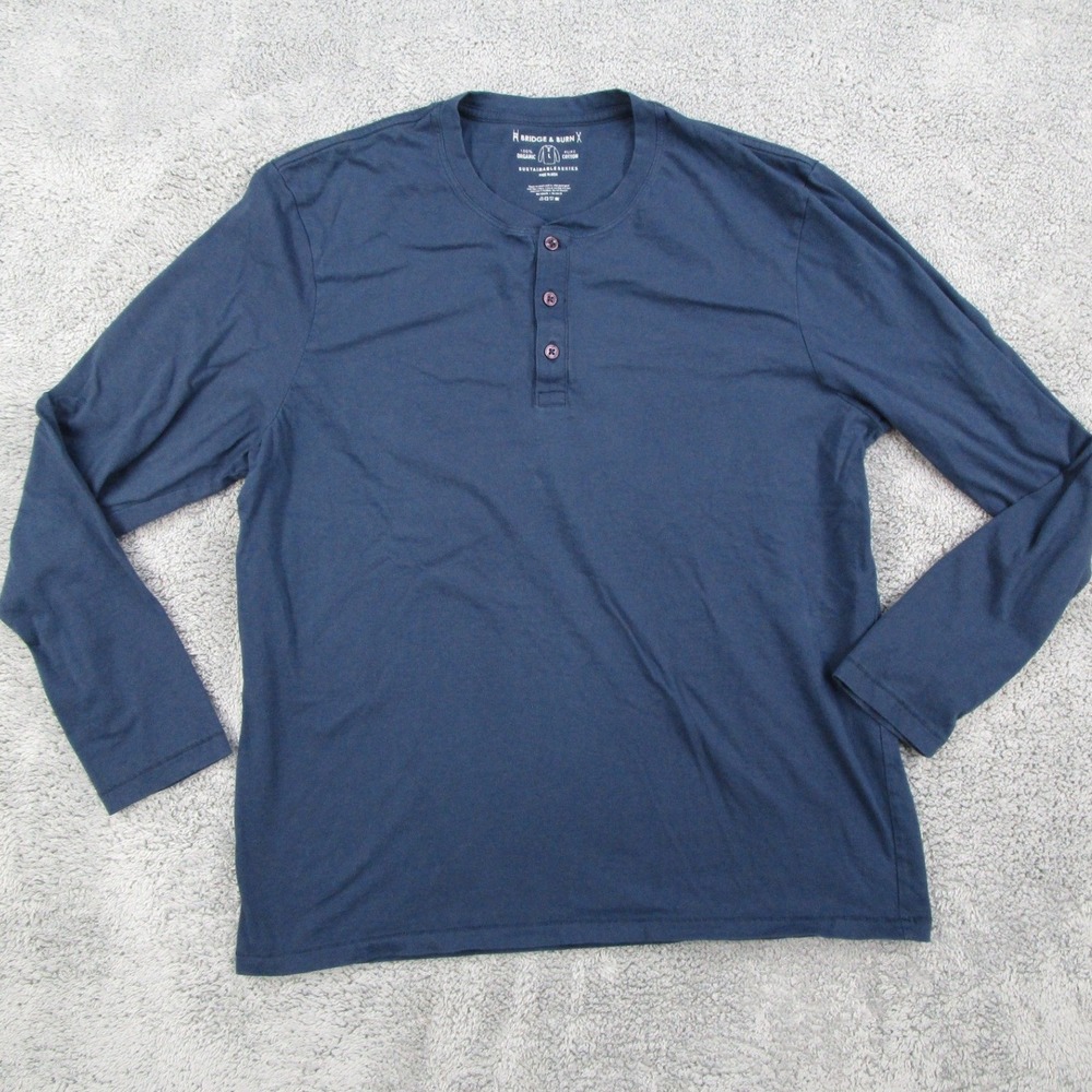 Bridge & Burn Mens Navy Blue Organic Cotton Henley Long Sleeve Shirt Size L